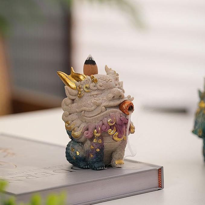 Backflow Incense Burner - Resin Tabletop Incense Holder for Cones, Fortune Dragon Statue Home Decor, Desktop Aromatherapy Ornament with Smoke Waterfall Effect for Living Room