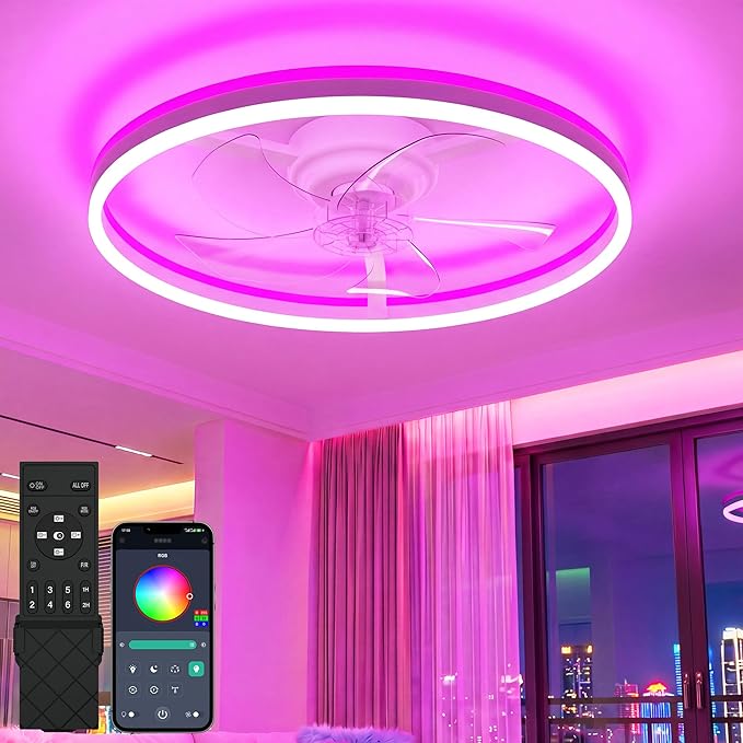 NIORSUN RGB Ceiling Fans with Lights and Remote, Modern Smart LED Ceiling Fans Light, 6 Speeds & 3000K-6500K Dimmable, Quiet Bladeless Fandelier Ceiling Fan with Light for Bedroom(20Inch,White)