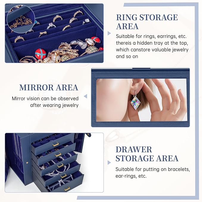 AKOZLIN 6-Tier Jewelry Box Organizer Functional 5 Drawers Leather Jewelry Storage Case for Women Girls Ring Necklace Earring Bracelet Holder Organizer with Mirror Extra Large Blue