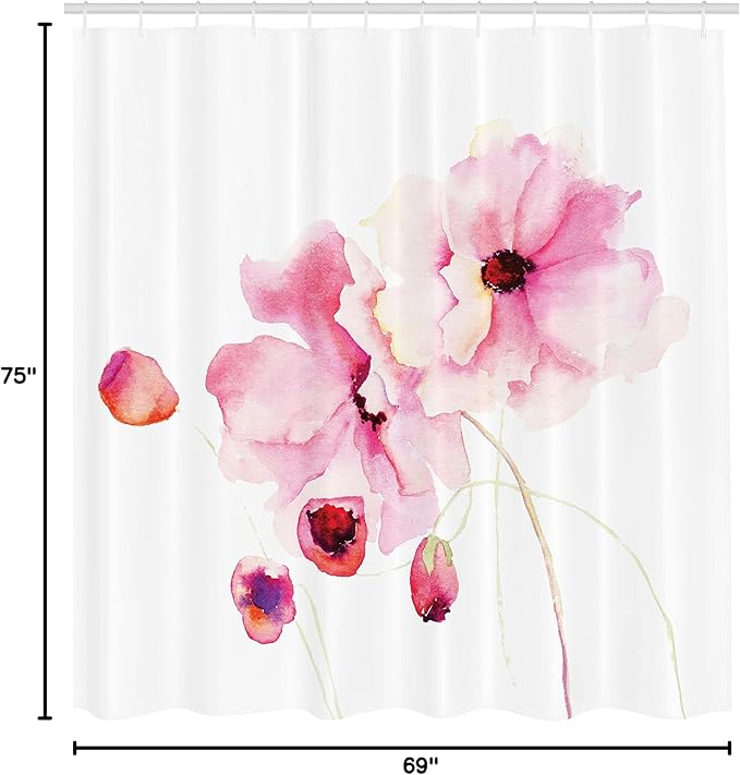 Ambesonne Watercolor Flower Shower Curtain, Poppies in Soft Colors Dreamy Fresh Spring Season Inspired Image, Cloth Fabric Bathroom Decor Set with Hooks, 69" W x 75" L, Pink White