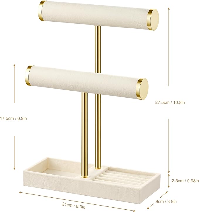 bussdis 2 Tier Bracelet Holder Display, Necklace Holder Organizer, Beige | Velvet Necklace Holder | Jewelry Tree | Jewelry Towers | Jewelry Stand Organizer for Necklaces, Bracelets, Earrings, Rings