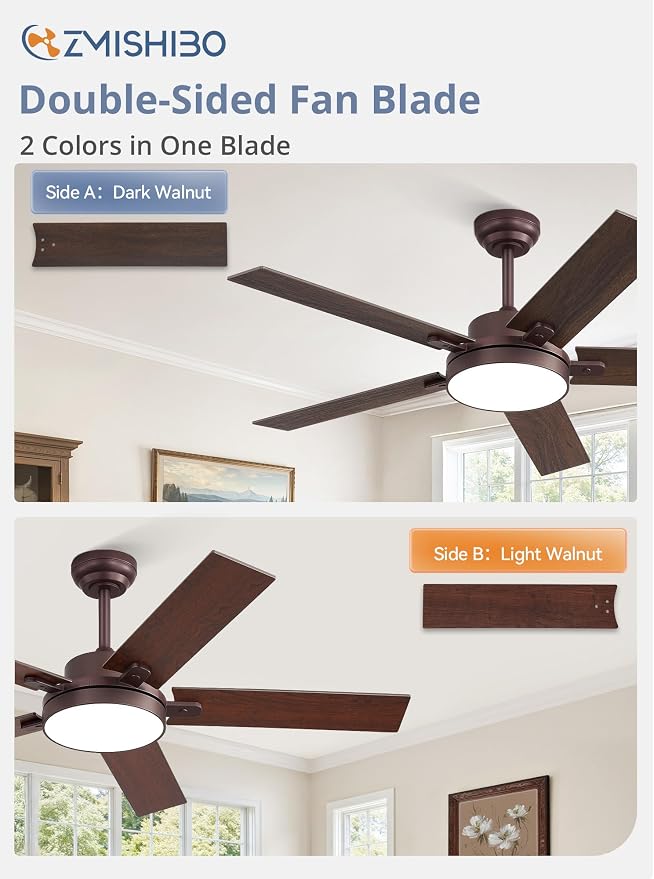 ZMISHIBO 52" Ceiling Fans with Lights, Smart Remote/APP Control, Farmhouse Ceiling Fan with 6 Speeds & 3CCT, Dimmable 30W LED, Quiet DC Motor, Noiseless for Living Room, Bedroom, Kitchen, Oil Bronze