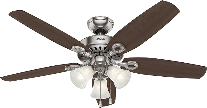 Hunter 52 inch Indoor Ceiling Fan with LED Lights - Ceiling Fan with Pull Chain, For Bedroom or Living Room, Standard Mount, No Remote, 5 Blades, Includes Bulbs - Builder Plus 53237, Brushed Nickel | with LED Lights, Standard Mount, Pull Chain, For Bed...