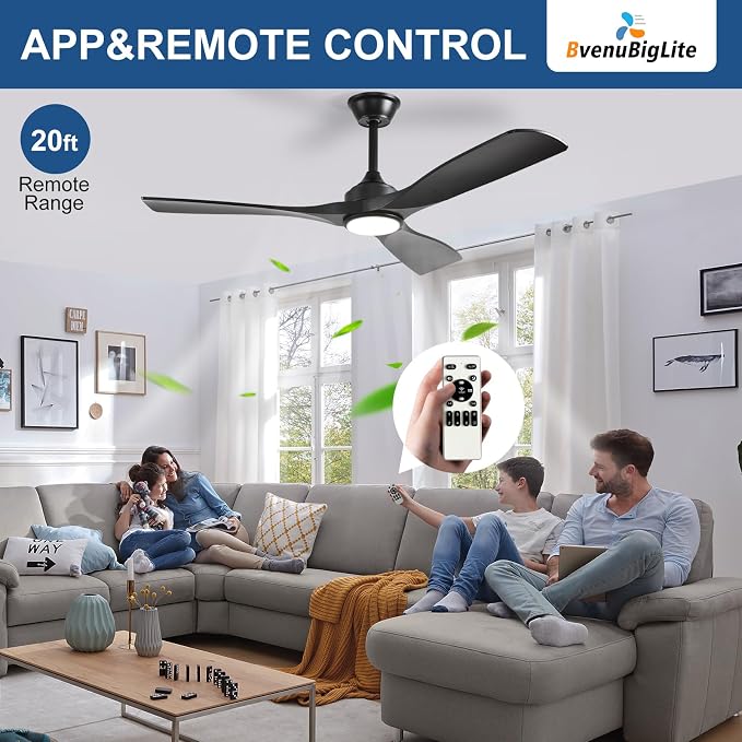 Outdoor Ceiling Fan with Light: 52 Inch 3 Blade Outdoor Fans for Patios - Modern Black Ceiling Fan with Dimmable Light Remote Control Ultra Quiet Reversible DC Motor Timer