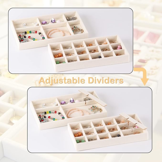 Velvet Jewelry Drawer Organizer Inserts, Set of 8 Stackable Trays with Removable Dividers, Earring and Ring Holder Display for Dresser, Storage Case for Necklace Bracelet Watch - Beige