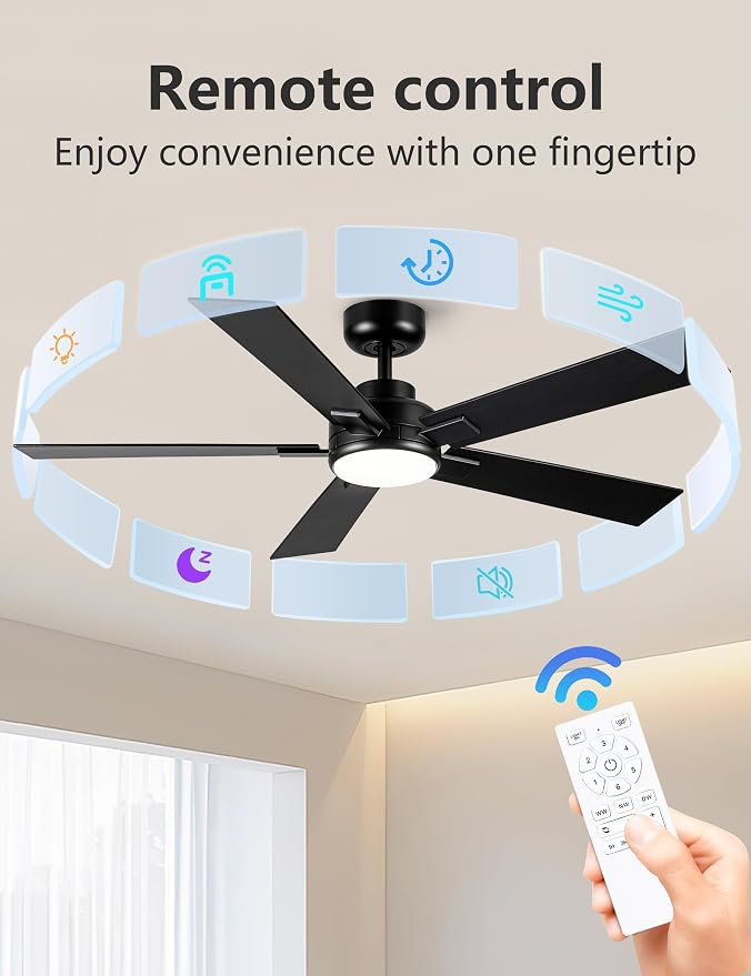 Modern Ceiling Fans with Lights - 52 inch Black Outdoor Ceiling Fan with Light and Remote, Reversible DC Motor, 6-Speed Quiet 3CCT LED Dimmable for Bedroom, Indoor and Outdoor, Patios , ETL Listed