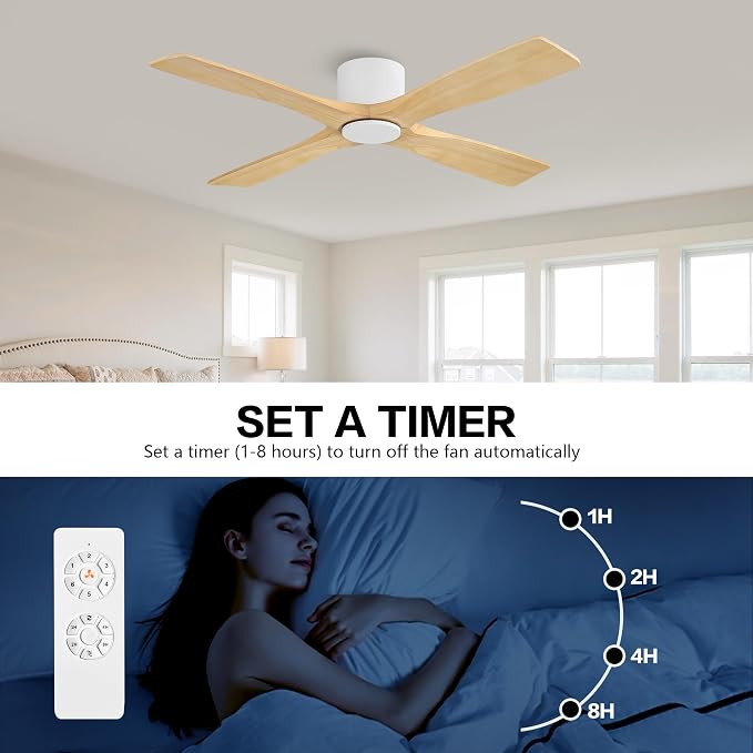 WINGBO 48 Inch Flush Mount DC Ceiling Fan without Lights, 4 Reversible Carved Wood Blades, 6-Speed Noiseless DC Motor, Hugger Ceiling Fan No Lights in White Finish with Oak Blades, ETL Listed