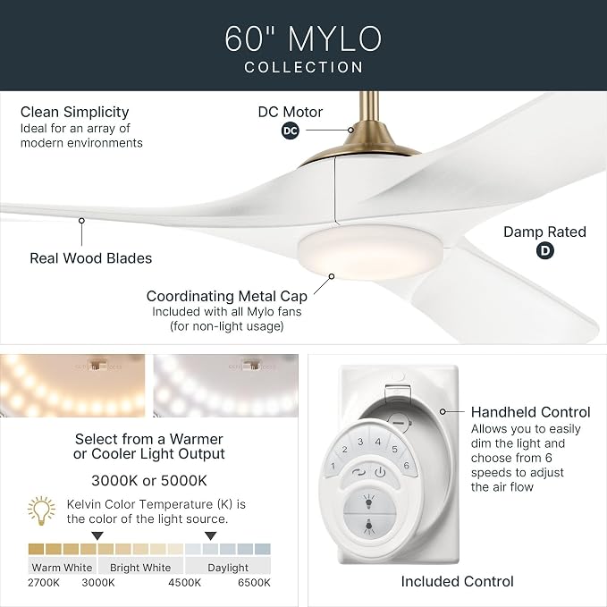 Kichler Mylo 60 in Ceiling Fan with Light, Modern 3-Blade Indoor Outdoor Damp Rated Fan with Satin Etched Glass in Champagne Bronze, 6-Speed Remote, 310560CPZMWH