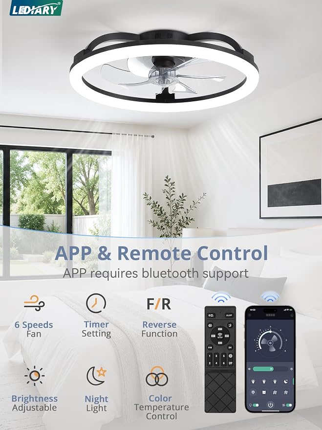 LEDIARY 23 Inch Ceiling Fans with Lights and Remote, Dimmable Fan Light | 6 Speed, Reversible, APP & Remote Control, Low Profile Flush Mount Ceiling Fan for Bedroom, Black
