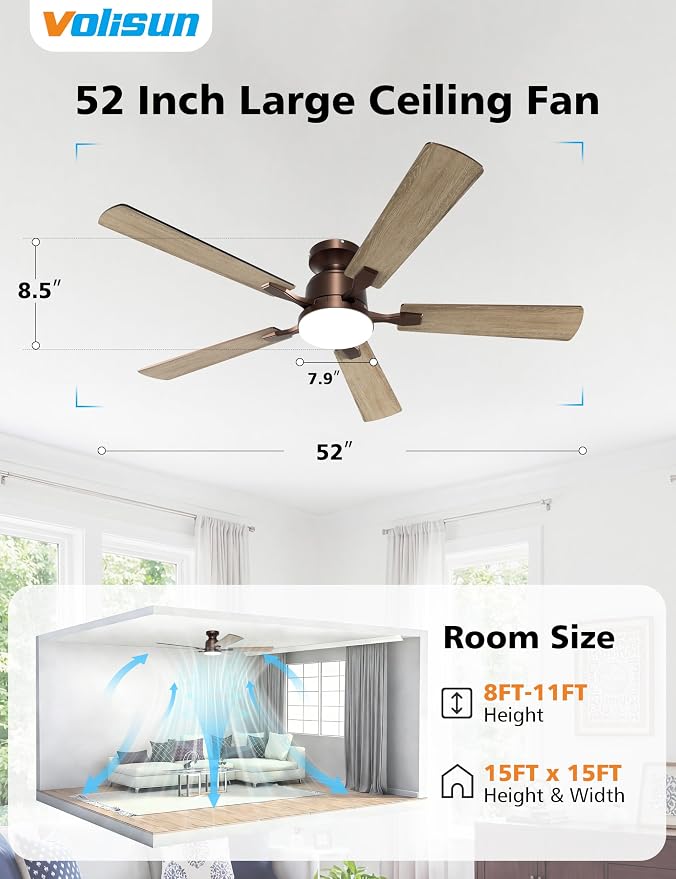 VOLISUN 52 Inch Ceiling Fan with Lights Flush Mount, Low Profile Ceiling Fans with Lights, Remote&APP Control,Dimmable 22W LED Light,Queit&Reversible Fan, Brown Ceilings Fans for Bedroom, Living Room