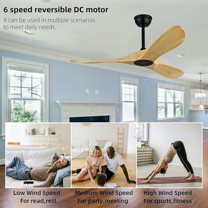 42 Inch Ceiling Fan, Without Light, with Remote Control, Silent DC Motor, 3 Blades, Modern Low Profile Ceiling Fan, For Bedroom, Living Room, Dining Room, Office (Natural Wood, 42 inch)
