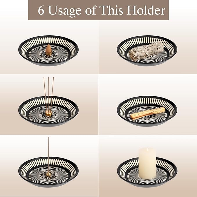 Incense Holder for Sticks, Palo Santo, Sage, 6.7" Incense Stick Holder with 9 Incense Holes, Ceramic Incense Holder with Ash Catcher for Meditation Yoga Relaxation Home Decor (Black)