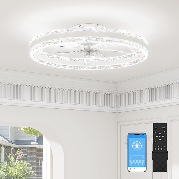 VOLISUN Low Profile Ceiling Fans with Light and Remote, 23.6in Fandelier Ceiling Fan with Light, 3000K-6500K Dimmable Flush Mount LED Ceiling Fan Light, White Modern Ceiling Fan Light for Bedroom