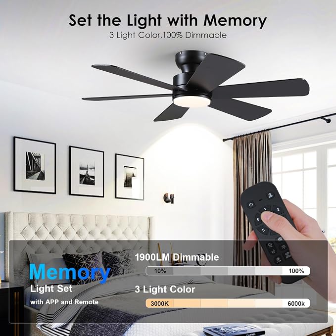 BayDay 46 inch Ceiling Fans with Lights, Black Ceiling Fan with Remote APP, Dual-Sided Modern/Rustic 6 Blades, Reversible, 3CCT, Flush Mount Low Profile Ceiling Fan with Lights Bedroom Kitchen Indoor