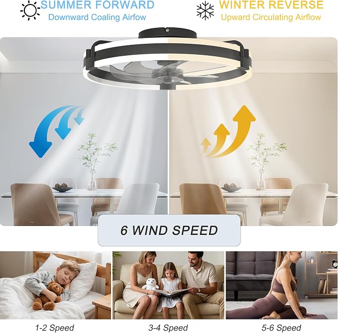 Garwarm 20 Inch Ceiling Fans with Lights and Remote, Modern Low Profile Ceiling Fan,3000K-6000K Dimmable LED Small Fan Light Fandelier for Bedroom,Black