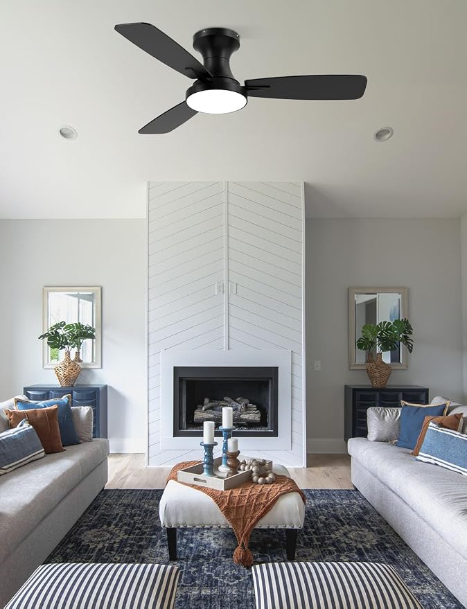 42 inch Smart Ceiling Fan with Light, Low Profile Flush Mount with Remote Control, Ultra-Quiet Reversible DC Motor, 3 Color Temperatures & 6 Speed Dimmable Lighting for Bedroom, Black