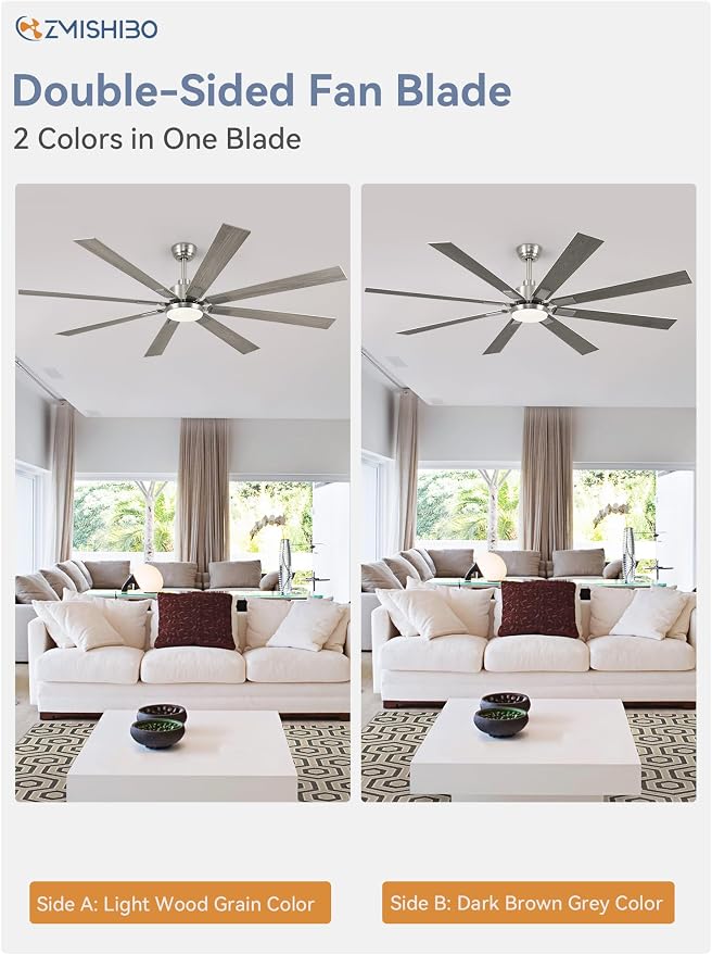 ZMISHIBO 72 inch Brushed Nickel Modern Ceiling Fans with Lights and Remote, Indoor/Outdoor Ceiling Fan for Living Room Patio, 6 Speed Reversible Quiet DC Motor, 3 CCT, Dual Finish Blades