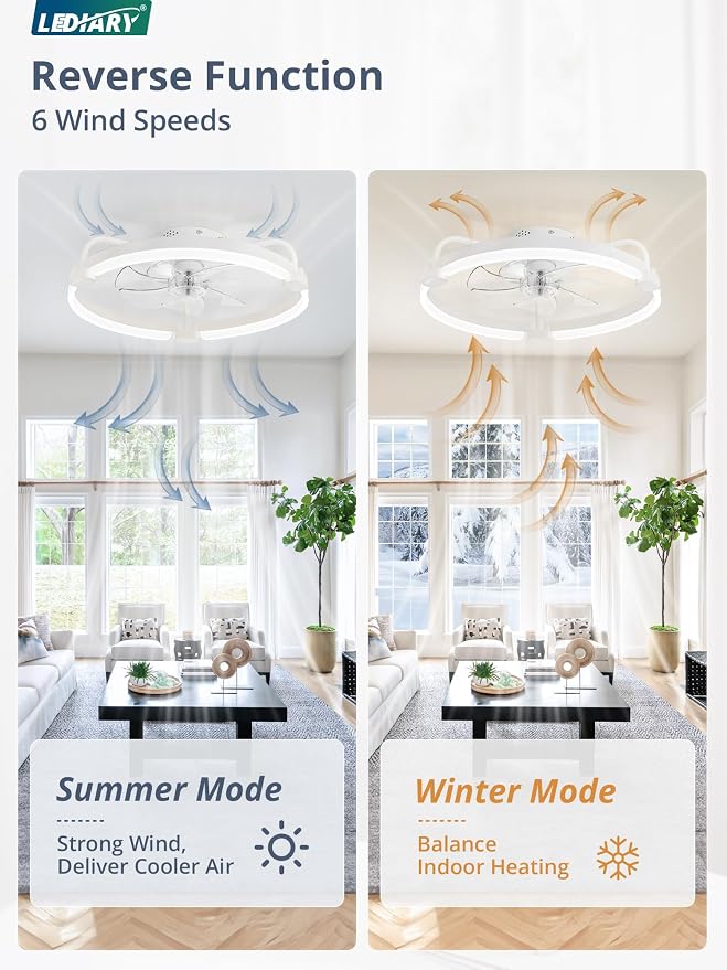 LEDIARY 2 Pack Ceiling Fans with Lights and Remote, 20'' Low Profile Ceiling Fan with Light, 3000-6000K Dimmable Fandelier LED Fan Light, 6 Wind Speeds, White Flush Mount Ceiling Fan for Bedroom