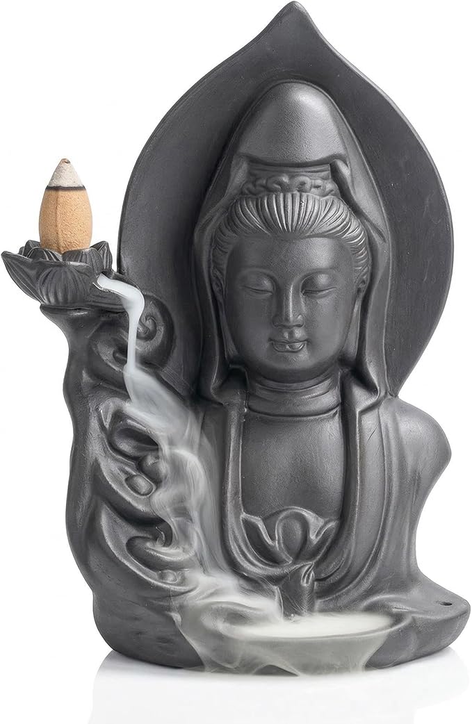 Ceramic Incense Burner, Waterfall Reflux Design, Aromatherapy Holder for Cones and Sticks, Dark Brown。 (LGY)