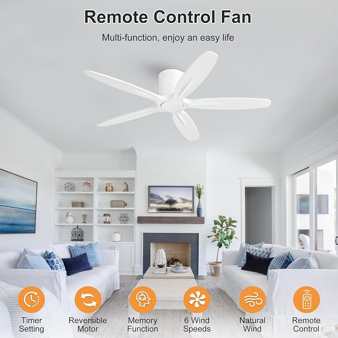 WINGBO 54" Flush Mount Ceiling Fan No Light - 5 Carved Solid Wood Blades, 6-Speed Reversible DC Motor, Dimmable, 3CCT, Low Profile Ceiling Fans without Lights for Bedroom Living Room, White