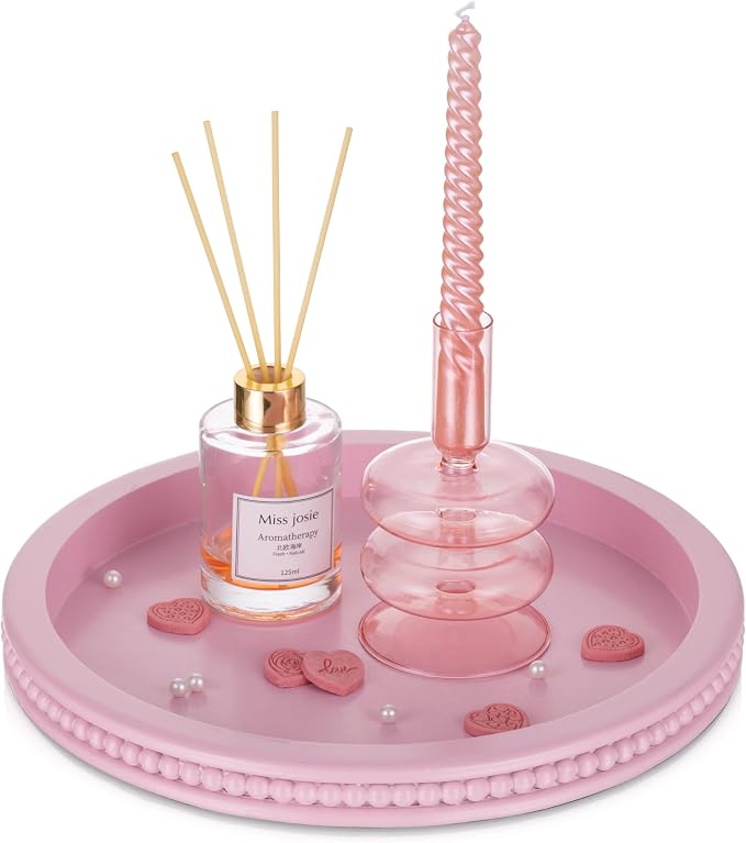 Hanobe Pink Round Decorative Tray with Beaded Edge | Durable paulownia wood, for displaying perfumes, candles, or jewelry on a dresser, coffee table, vanity, bathroom counter.