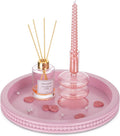 Hanobe Pink Round Decorative Tray with Beaded Edge | Durable paulownia wood, for displaying perfumes, candles, or jewelry on a dresser, coffee table, vanity, bathroom counter.