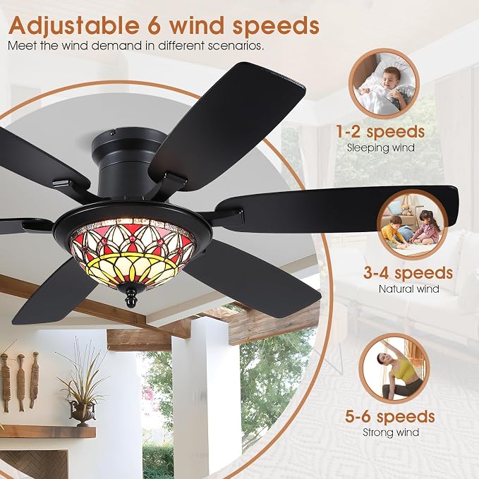Tiffany Ceiling Fans with Lights - 52" Ceiling Fan Chandelier with Stained Glass Shade, 6 Speeds Reversible 6 Dual-Blades, Flush Mount, 3 CCT Dimmable LED Lights, Remote & APP Control, Retro Style