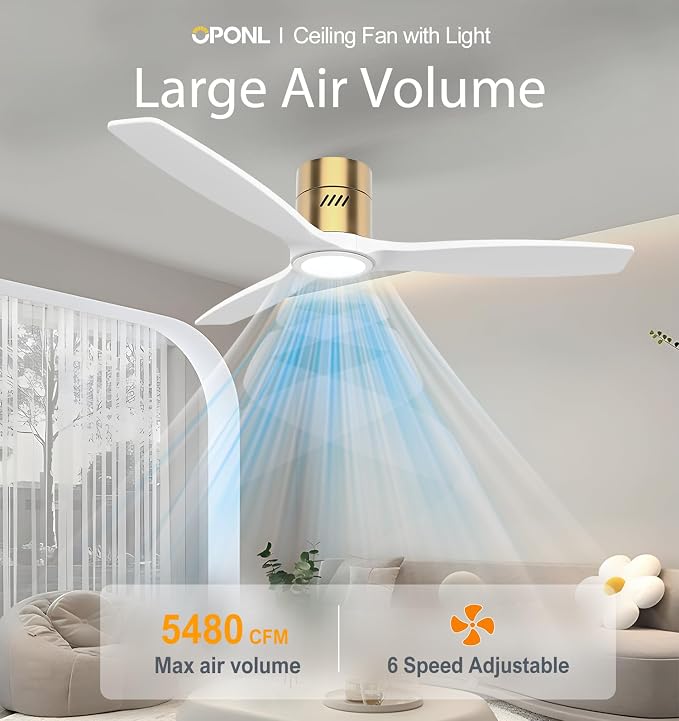 OPONL Ceiling Fan with Light, 52 inch Low Profile Ceiling fan with Light and Remote Control, Reversible, 6CCT, Dimmable, Noiseless, White Ceiling Fan for Bedroom, Indoor/Outdoor Use, Wood