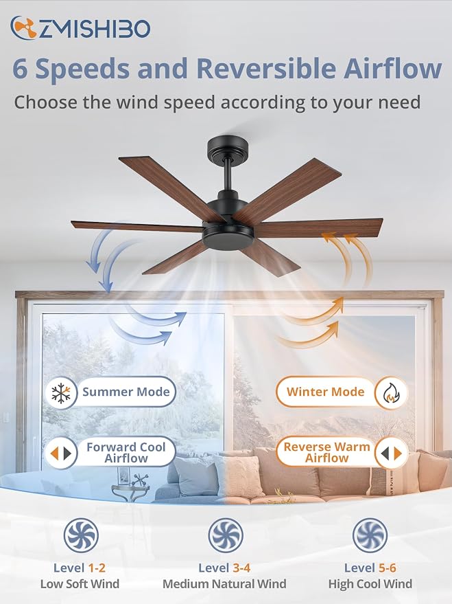 ZMISHIBO 42 Inch Black Ceiling Fan Without Light, Bedroom Ceiling Fan No Light, 6 Blades, Quiet Reversible DC Motor, 6-Speeds, Small Ceiling Fan for Bedroom, Living Room, Patio, Indoor/Outdoor Use