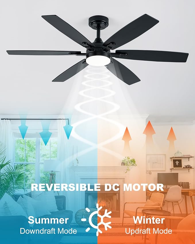 Coolwind 52" Ceiling Fan with Light, Black 6 Double-Side Blades and App/Display Remote Control, 6 Speed Reversible DC Motor, 3CCT Dimmable Led Flush Mount Ceiling Fan for Bedroom Indoor/Outdoor Use