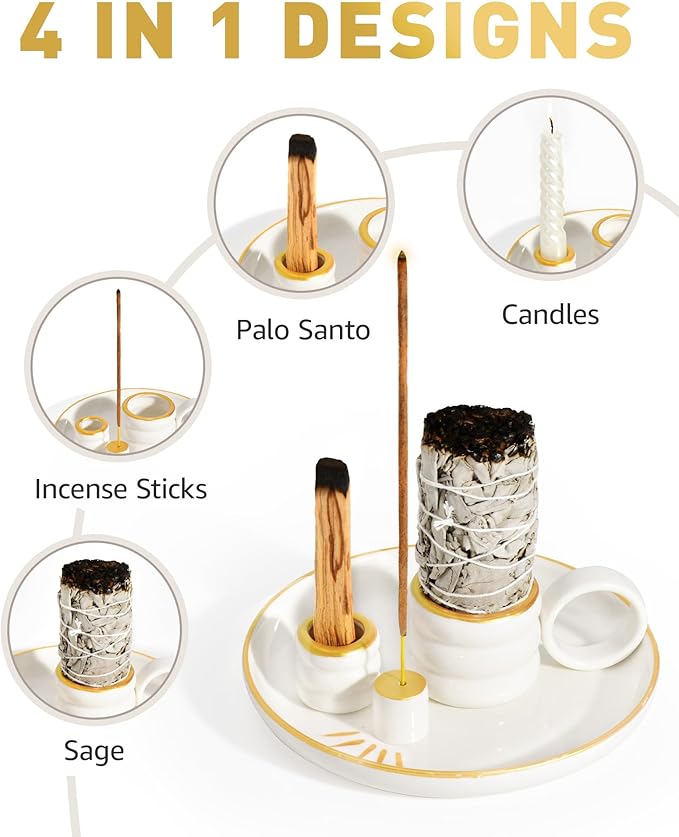 BS-VOG 4 in 1 Incense Holder, Palo Santo Holder for Burning Sage, Sticks & Candle, Ceramic Incense Burner with Handle, 5.9 Inch Ash Catcher Tray, Zen Decor for Meditation & Gift