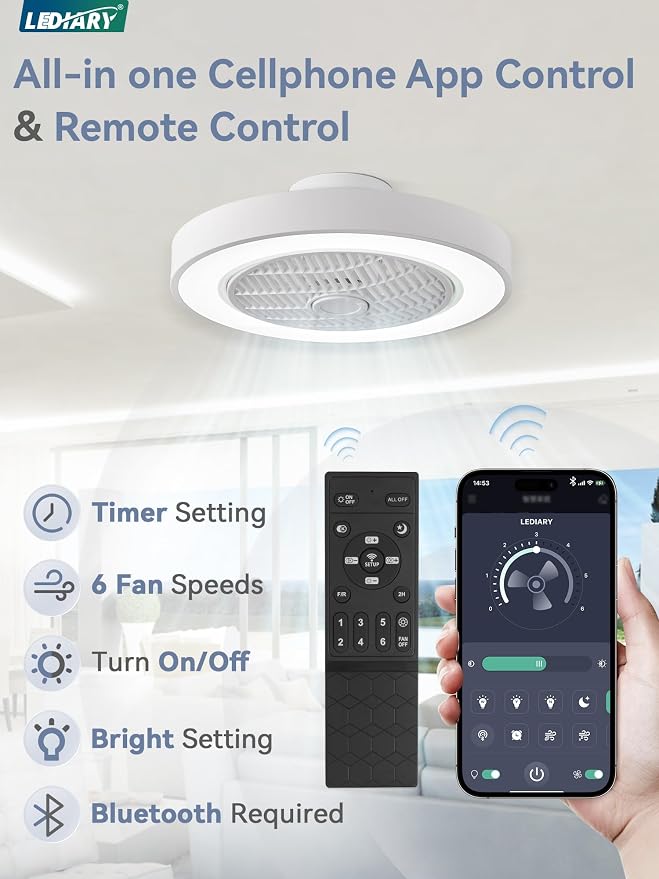 LEDIARY 20 Inch Low Profile Ceiling Fan With Light, Led Bladeless Ceiling Fans, Remote Control Enclosed Flush Mount Ceiling Fan With Timming, 3000-6000K, 6 Wind Speed, 3000LM, 57W-White