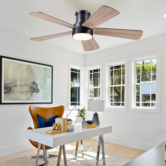 Hounberi 46 Inch Flush Mount Ceiling Fan with Lights and Remote, Modern Quiet DC Motor Low Profile Ceiling Fan for Low Ceilings, 5 Reversible Blades, 6 Speeds Dimmable, Indoor Outdoor Bedroom, Black