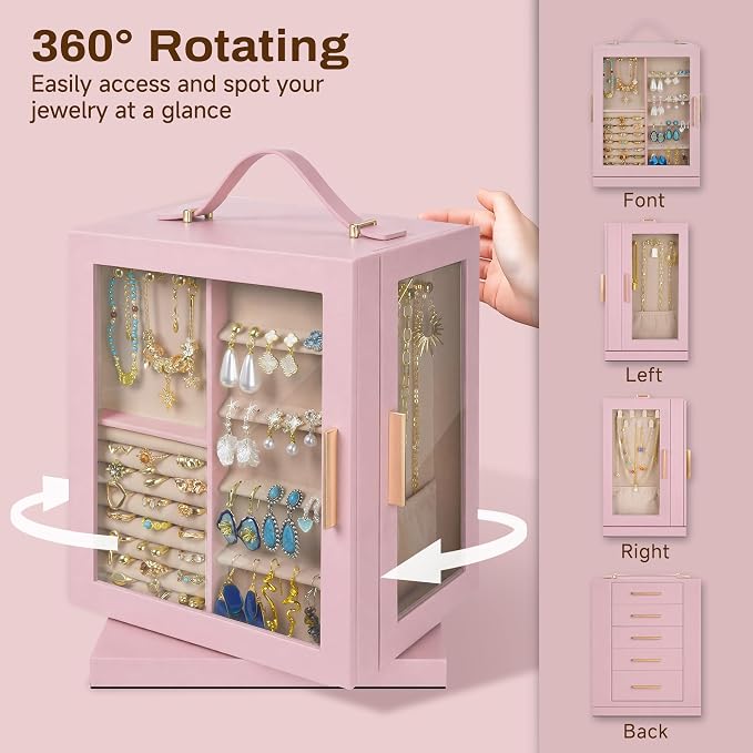 360° Rotating 5‑Drawers Jewelry Box with Top Handle & Glass Window, Spacious Vertical Jewelry Organizer, Jewelry Storage Case, Dustproof & Moisture‑resistant Design. (Pink)