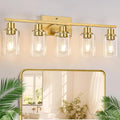 Indoi 5-Light Bathroom Light Fixtures, Brushed Gold Modern Vanity Lights with Clear Glass Shades, Bathroom Wall Lamp for Mirror Living Room Cabinet Bedroom Porch