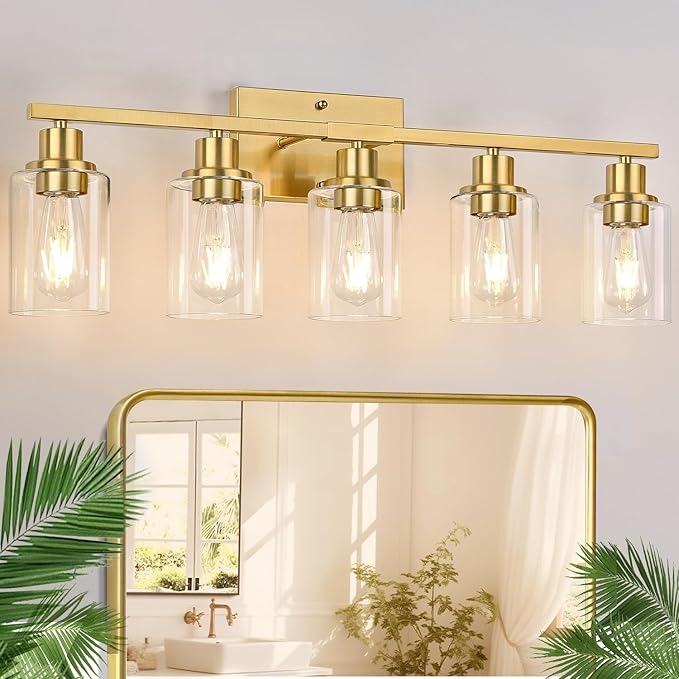 Indoi 5-Light Bathroom Light Fixtures, Brushed Gold Modern Vanity Lights with Clear Glass Shades, Bathroom Wall Lamp for Mirror Living Room Cabinet Bedroom Porch