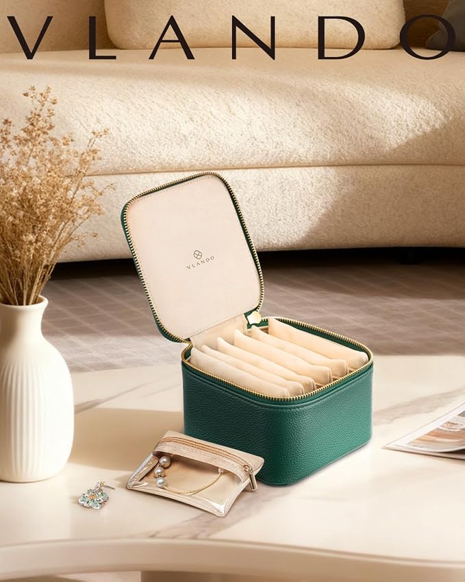 VLANDO Gifts for Teachers,Travel Jewelry Box with 6 Velvet Jewelry Zipper Pockets Jewelry Case Premium Petal Hardware Travel Jewelry Organizer Graduation Gifts (Green)