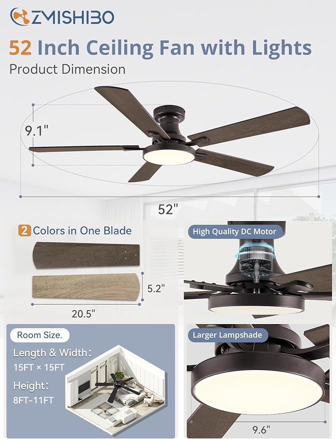 ZMISHIBO 52 Inch Flush Mount Ceiling Fan with Light, Remote&APP, Oil Bronze | 6-Speed Quiet DC Motor, Dimmable 24W LED with 3CCT (3000K-6500K), Modern Low Profile for Living Room, Bedroom, Kitchen