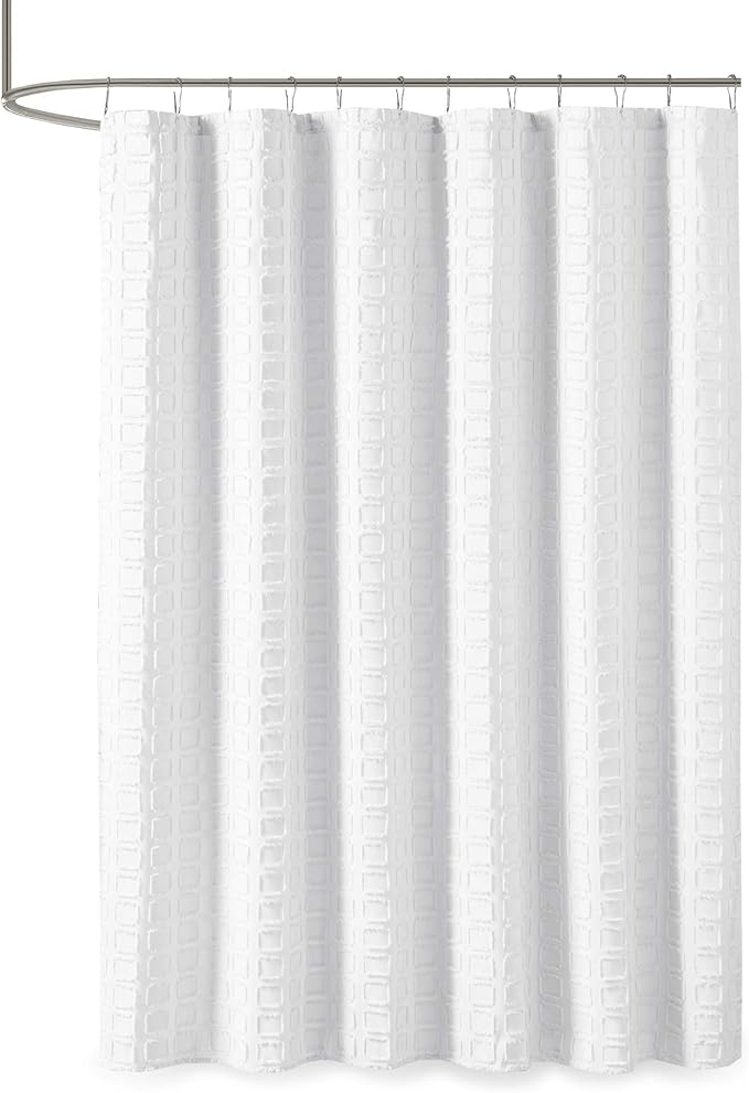 Madison Park Metro Bathroom Shower, Textured Woven Clipped Design Modern Mid-Century Privacy Bath Fabric Curtains, 72"x72", White (MP70-6707)