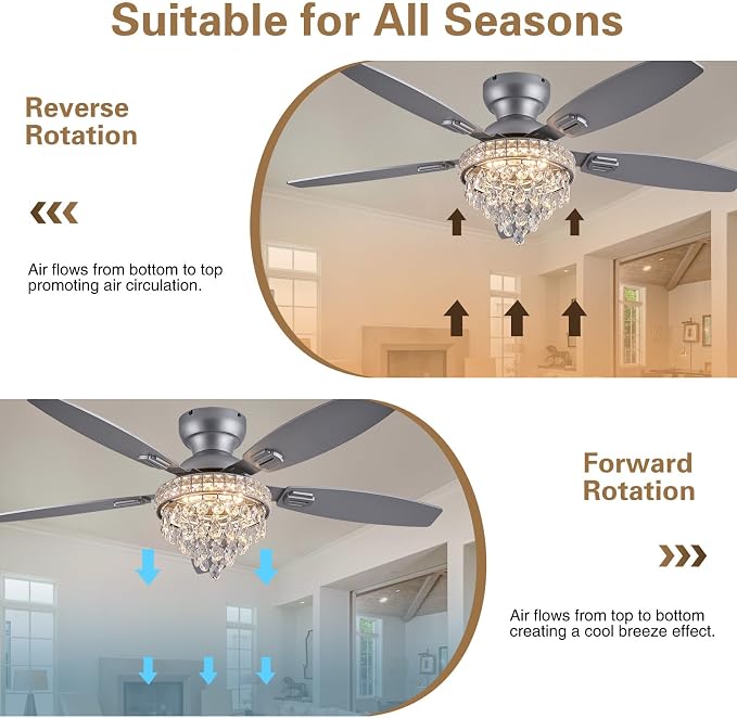 Crystal Ceiling Fan Fandelier with Lights-Ceiling Fans with Lights,50" Low Profile and Remote Control, Flush Mount, Reversible, Dimmable, Noiseless, Sliver Ceiling Fan for Bedroom