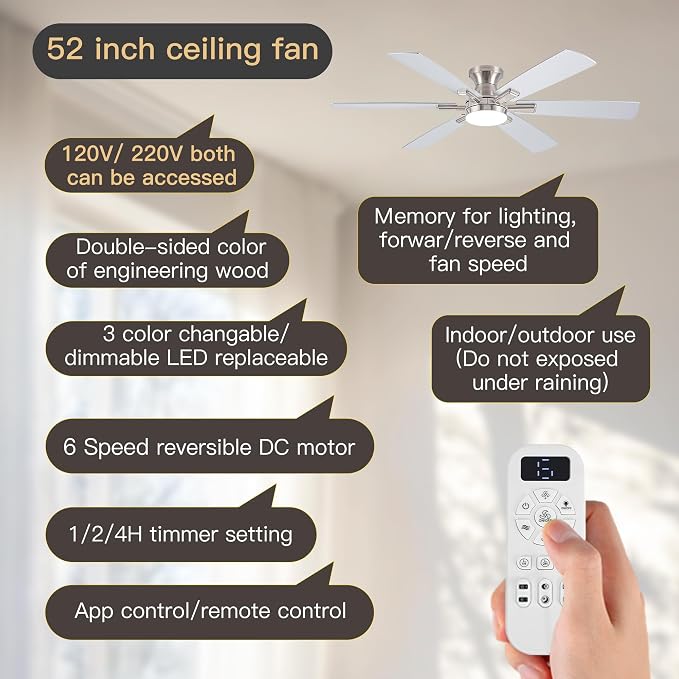 Ceiling Fans with Lights and Remote Control, Brushed Nickel Flush Mount Ceiling Fan with Light 3-Color Dimmable, Memory for Lighting and Fan Reversible, 6-Speed, Timer, Indoor/Outdoor Use, 52 Inch
