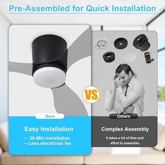 Depuley Flush Mount Ceiling Fan: 52-Inch Black Ceiling Fans with Lights for Bedroom Indoor Outdoor - Low Profile Ceiling Fans with Remote Control 24W 3CCT Dimmable 3 Reversible Black Blades 6 Speeds