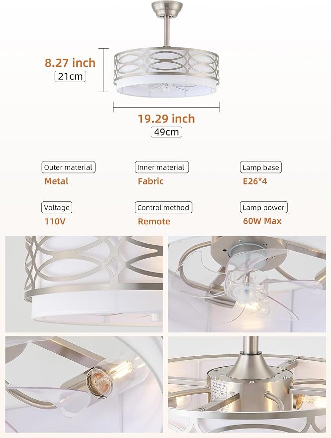 20" Silver Boho Ceiling Fan with Light, Caged Fandelier Ceiling Fans with Lights Remote Control with 6 Speeds for Bedroom, Living Room, Nursery