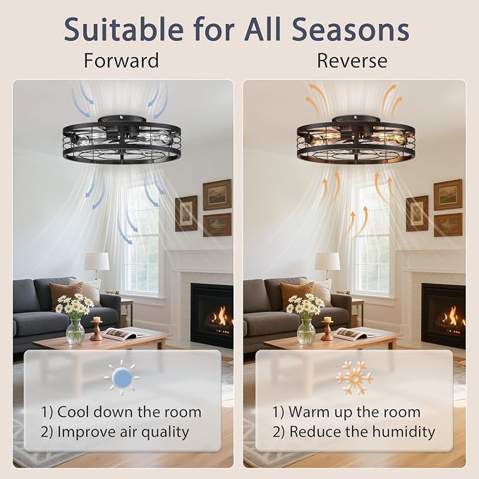 VOLISUN Caged Ceiling Fan with Light and Remote,19.7 inch Fandelier Ceiling Fan with Light Flush Mount, Farmhouse Bladeless Ceiling Fans with Lights for Kitchen,Bedroom
