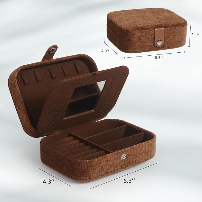Hatori Travel Jewelry Box, PU Leather Small Jewelry Organizer for Women Girls, Double Layer Portable Mini Travel Case Display Storage Holder Boxes for Stud Earrings, Rings (Brown Mirror)