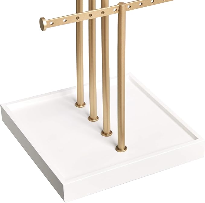 Amazon Basics Four-Tier Jewelry Organizer Tree Stand, Necklace Earring Bracelet Holder with Ring Storage, White/Brass