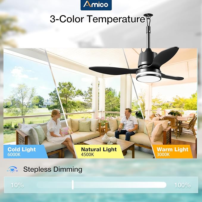 Amico 36 Inch Outdoor Ceiling Fans with Lights for Patios, IP65 Waterproof Gazebo Fan Remote Control,3CCT, 6 Speeds, Hook Hanging Plug in Ceiling Fan for Patio Porch Pergola Garage Canopy (Black)