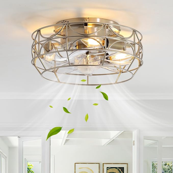 Nickel Caged Ceiling Fans with Lights and Remote,6 Speeds,12 inch Industrial Flush Mount Ceiling Fan with Light, Modern Bladeless Fan Lights Ceiling Fixtures for Kitchen, Bedroom,Indoor