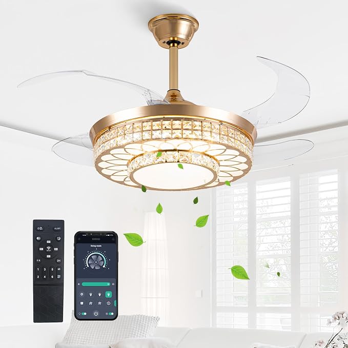 42" Retractable Ceiling Fans with Lights, Crystal Chandelier Ceiling Fan with Remote & APP Control, Modern Dimmable LED Fandelier for Living Room, Dinning Room, Bedroom (Gold)