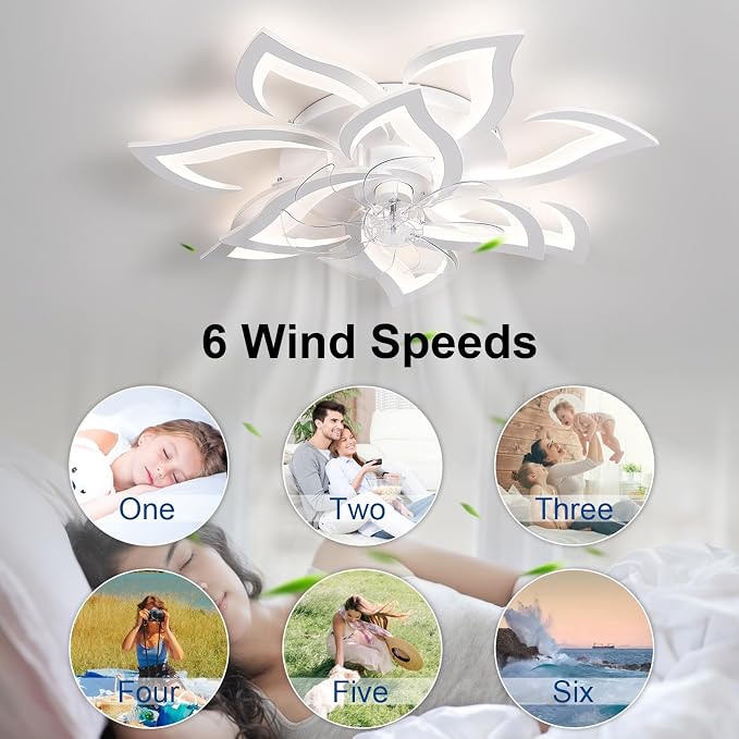 32" White Flower Ceiling Fan with Light Remote Control, Low Profile Flush Mount Ceiling Fan for Kitchen Bedroom Living Room